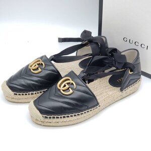 Authentic Gucci GG Marmont Espadrille Sandals Black Leather Gold Logo Brand New